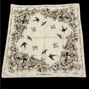Vintage Cornelia James Birds of the British Isles Cream Satin Scarf
